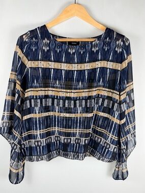 Alfani Sheer Blouse Medium Blue Abstract Stripe Studded Bell Sleeve Lined Top
